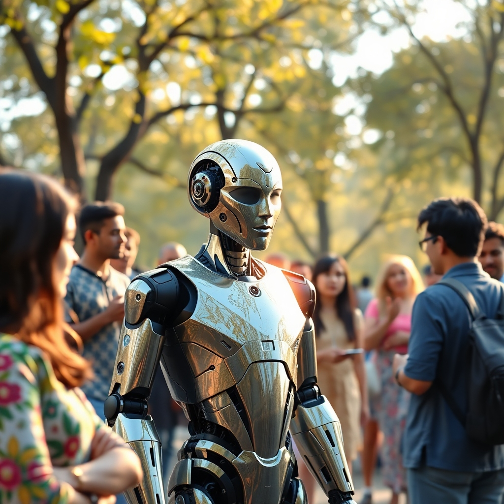 A diverse community gathering in a park, sharing stories and experiences. In the foreground, a shiny AI robotic figure symbolizes technology working for the people, while the backdrop features trees with transparent leaves representing trust and togetherness.
