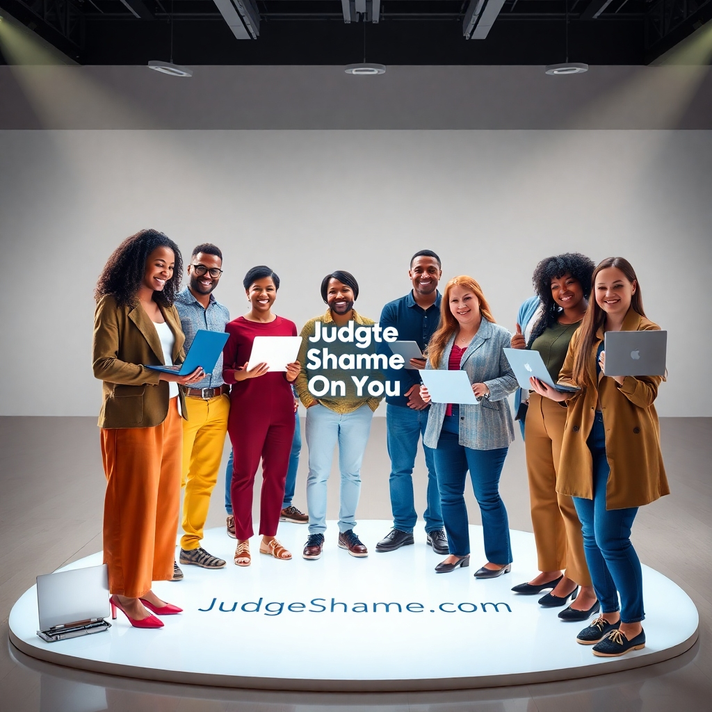 A diverse group of individuals from various backgrounds, genders, and ages, standing together with laptops and digital devices. They are united, smiling, and engaging in a virtual meeting on a bright, inclusive platform showcasing the JudgeShameOnYou.com logo, symbolizing collaboration and community.