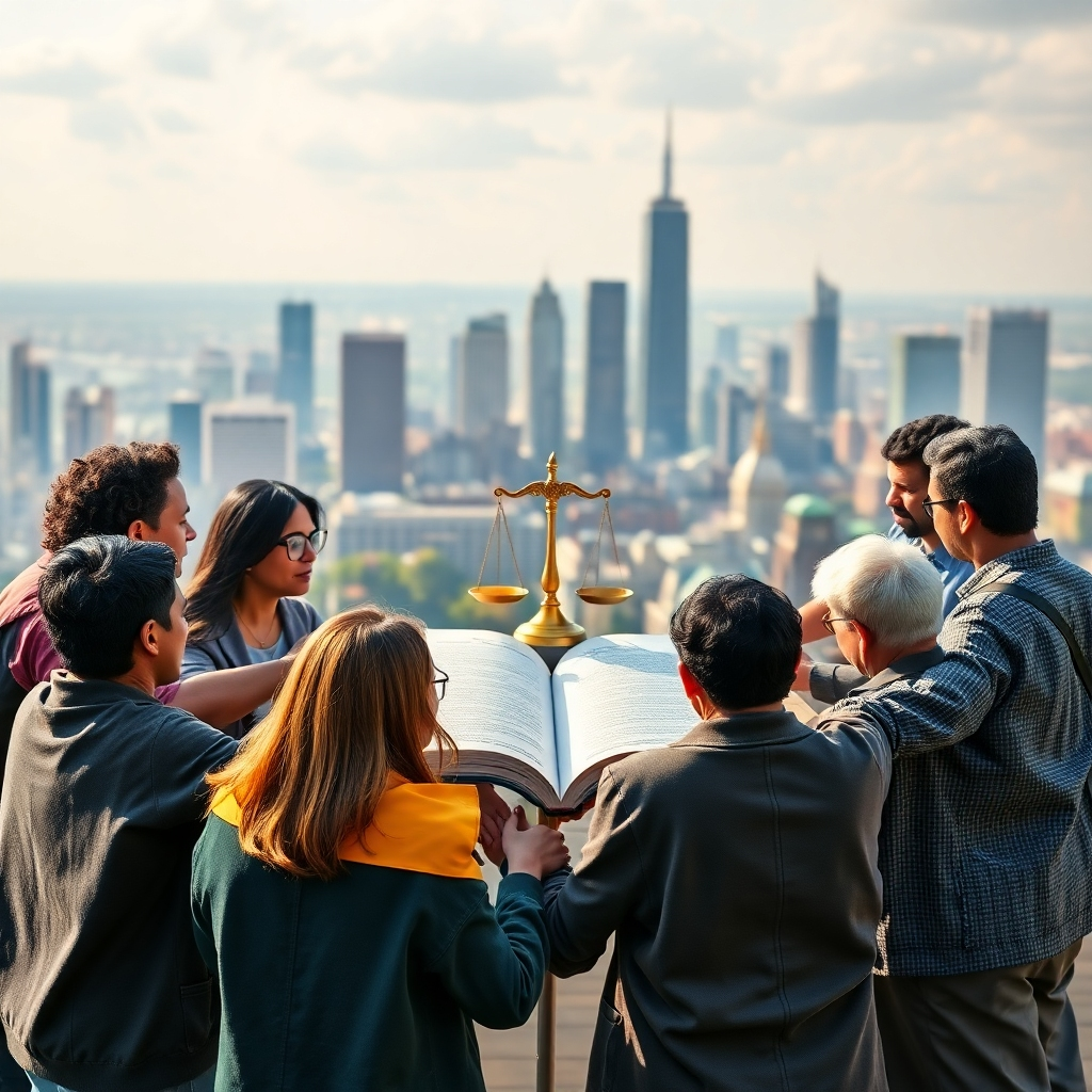 A diverse group of people holding hands in a circle around an open book symbolizing justice. The backdrop features a city skyline with clear symbols of fairness and access to justice. The scene radiates inclusivity and hope.