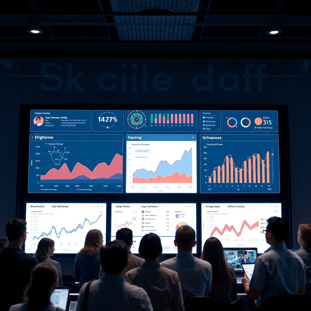 A high-tech interface showing a digital dashboard with real-time tracking of grievances, displaying graphs, and statistics. A diverse group of people engaged with the platform on screens, showcasing transparency and empowerment in communication.