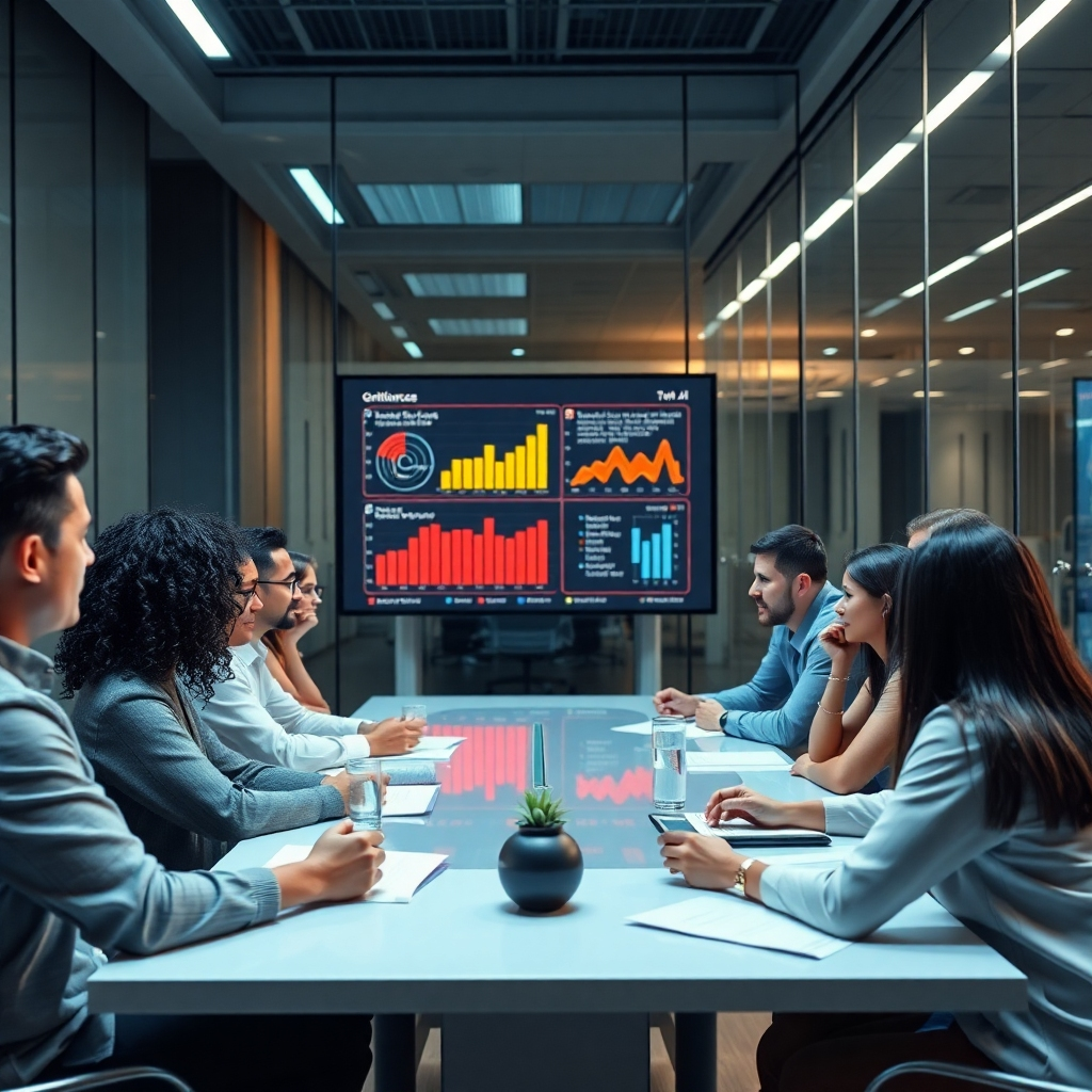 A modern office space with a diverse group of people sitting around a table discussing grievances. A large screen shows AI analytics and graphs, while a transparent glass wall reflects trust and collaboration in this ethical decision-making environment.