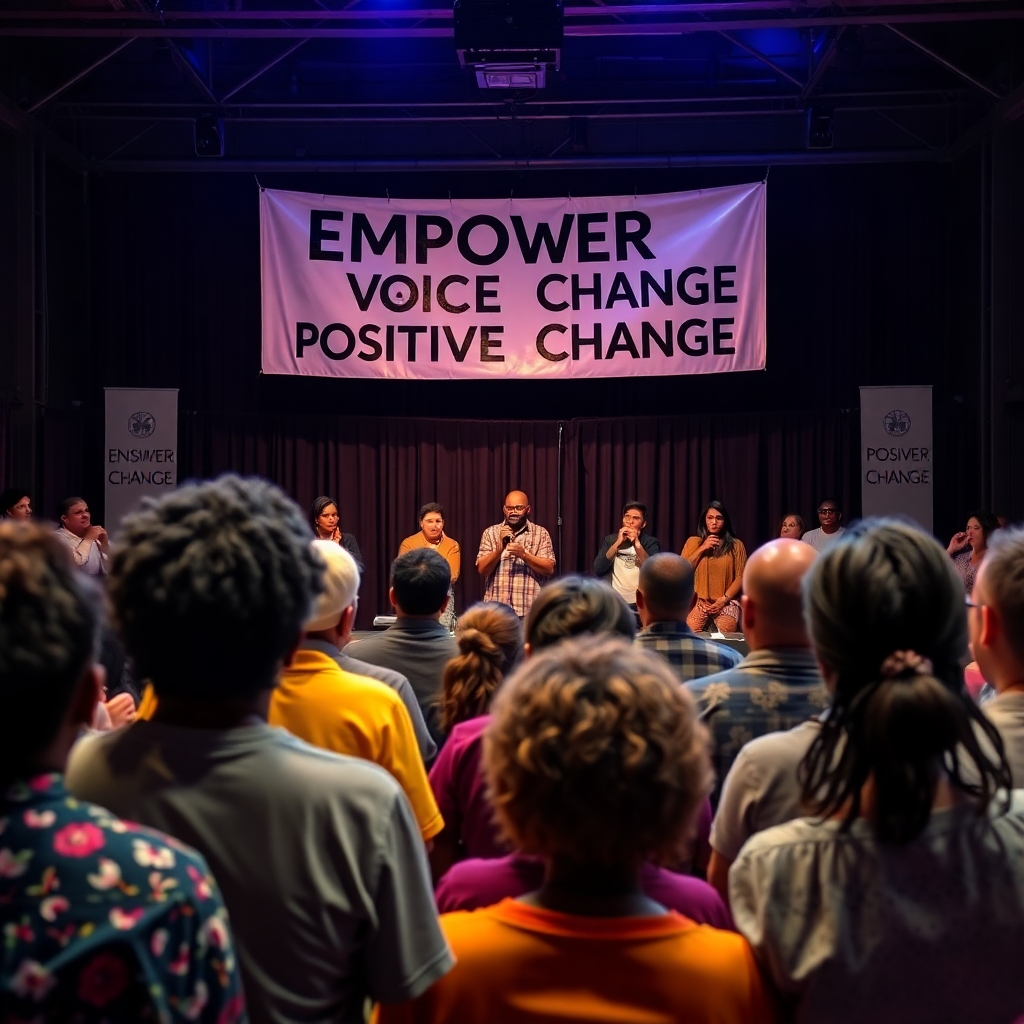 A powerful scene of a community gathering, with people sharing stories and experiences on stage, while others listen attentively. Banners reading 'Empower Voices' and 'Positive Change' are hung prominently. The audience looks engaged and motivated, representing the spirit of empowerment.