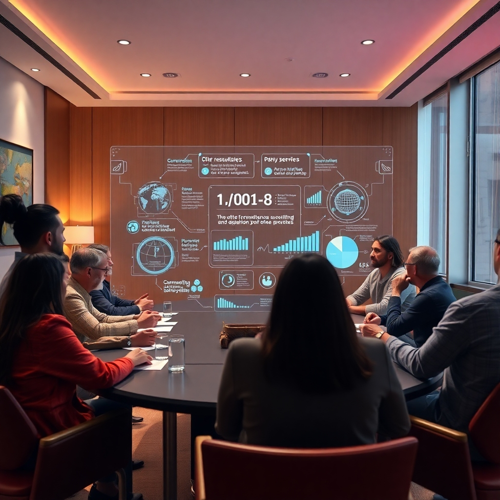 A serene meeting space with individuals of different backgrounds collaboratively discussing grievances. An AI hologram in the center visualizing data and statistics, emphasizing ethical conversations and fair resolution processes, with calming colors and a positive atmosphere.