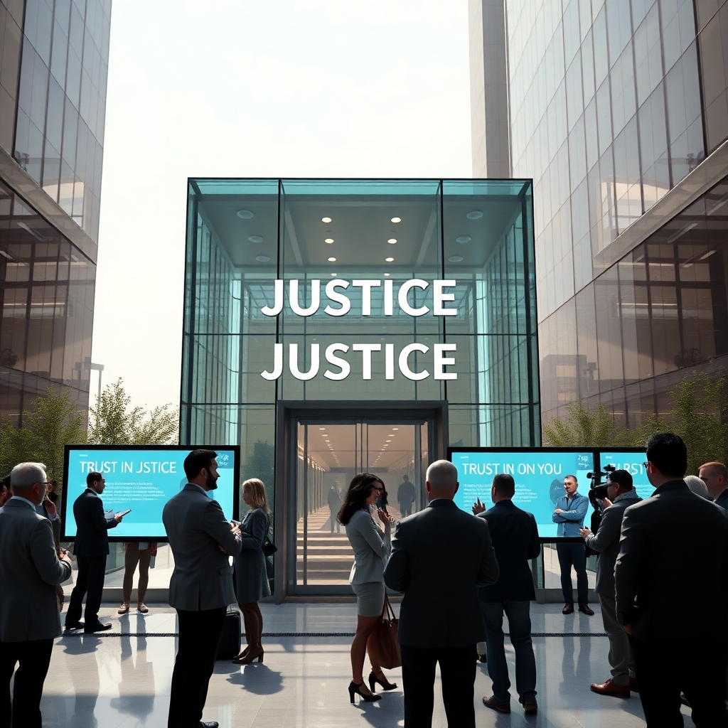 A transparent glass building representing trust in justice, surrounded by people discussing and sharing ideas. The scene should include screens displaying digital interfaces of JudgeShameOnYou.com, with individuals highlighting the importance of accountability and transparency.
