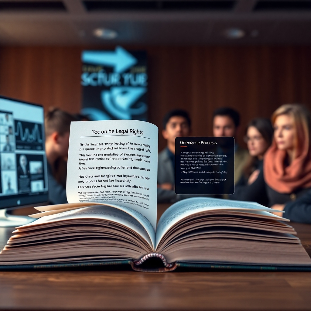 An open book with digital screens around it, showcasing legal rights and grievance processes. The background features a diverse group of individuals engaged in discussion, highlighting accessibility and empowerment through information.