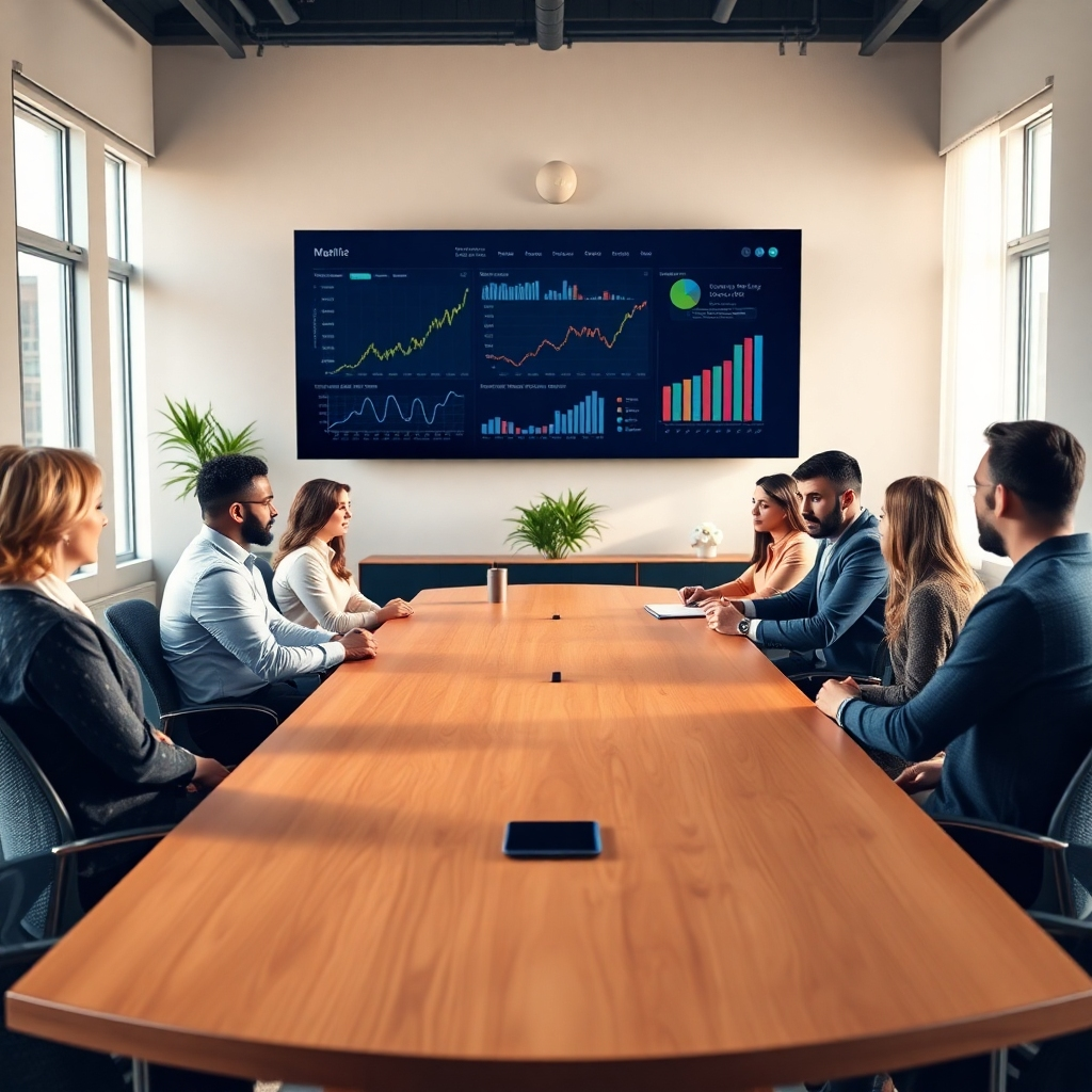 Create a photorealistic image of a diverse group of people sitting around a sleek, modern conference table, engaging in a discussion. The room is bright and airy with soft diffused lighting filtering through large windows, casting gentle shadows on the polished wooden table. A large digital screen displays graphs and data analytics, symbolizing transparency. The color palette should include warm tones of beige and deep blue, creating a sense of calm and professionalism. The camera angle is slightly elevated, capturing the interaction between the participants and the screen. Textured surfaces like the wood grain of the table and the fabric of the chairs add depth. Include plants in the background for a touch of nature and warmth. The style references a contemporary office environment, ensuring an inviting atmosphere. Render the image in 8K resolution, hyperrealistic, and ultra-detailed, emphasizing clarity and authenticity.
