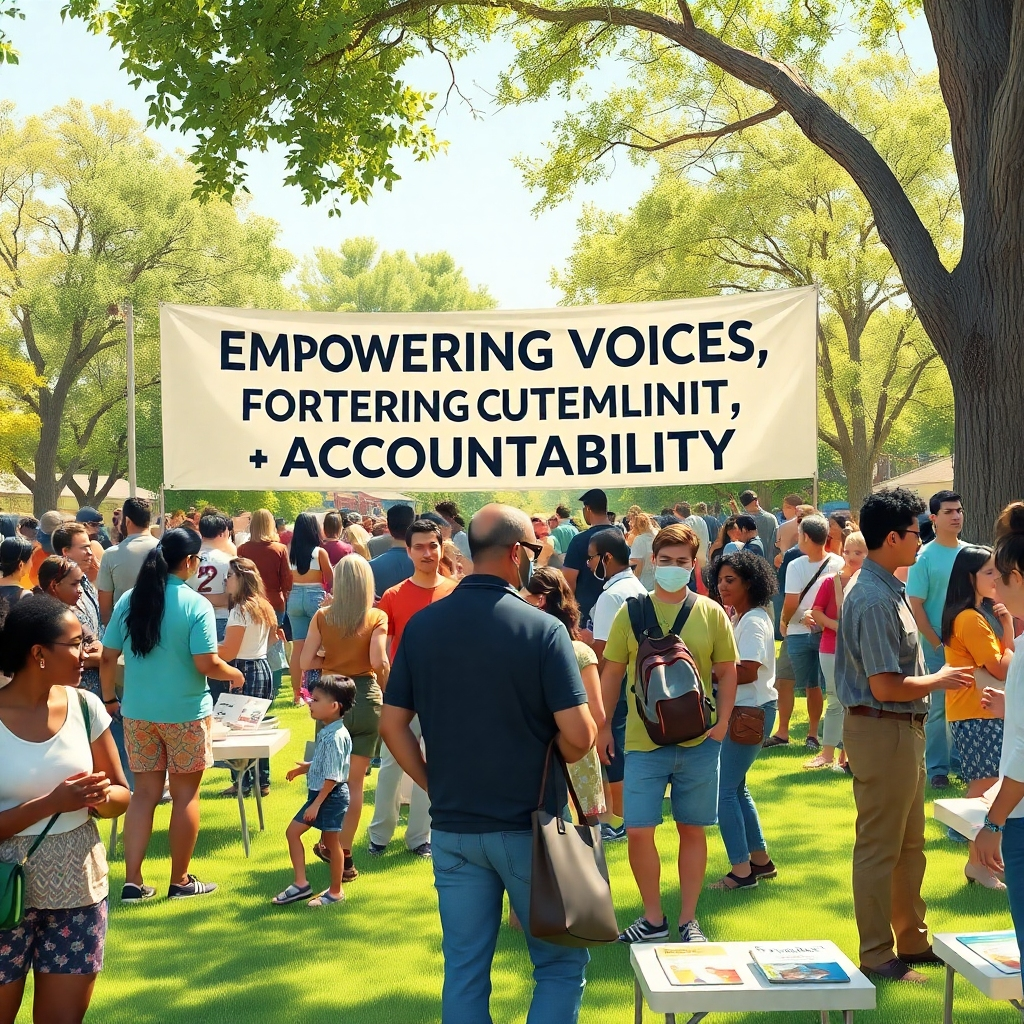 Illustrate a vibrant community event in a local park, featuring a large banner that reads 'Empowering Voices, Fostering Accountability'. The scene should be filled with diverse participants engaging in meaningful conversations, with families enjoying the day. Bright, natural sunlight creates a warm and inviting atmosphere, and the color palette includes lively greens, blues, and yellows, reflecting positivity. The camera should capture the candid moments from a slightly elevated angle, showcasing the energy of the event. Natural textures like grass and tree bark add depth, and include tables with brochures and informational materials about justice initiatives. The style is reminiscent of modern documentary photography, highlighting the authenticity of community engagement. Aim for an 8K resolution, hyperrealistic, and ultra-detailed rendering to bring out the joy and energy of the gathering.