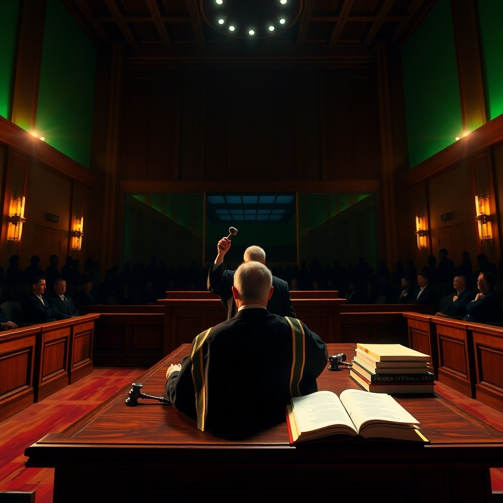 Visualize an open courtroom scene bathed in dramatic side lighting that highlights the judge’s bench. The background reveals dynamic silhouettes of the audience, symbolizing public involvement in justice. Incorporate a clear glass partition to emphasize transparency. The color palette consists of deep greens and golds, evoking a sense of integrity and tradition. The camera angle should be low, focusing on the judge with a gavel in hand, creating an authoritative yet inviting perspective. The wooden textures of the courtroom and the intricate details of the judge's robe enhance realism. Add books and legal documents scattered on the bench, enriching the narrative. The scene should be captured in 8K resolution, ultra-detailed and hyperrealistic, ensuring every element is vividly represented.